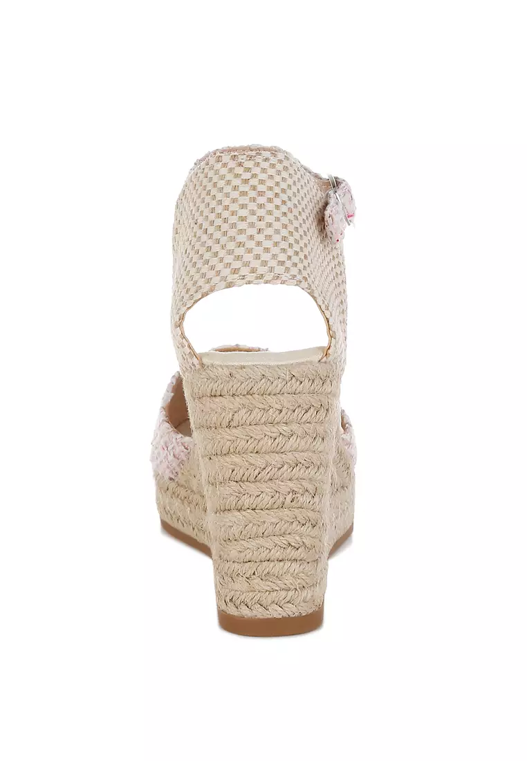 Tweed Round Toe Woven Wedges In Pink