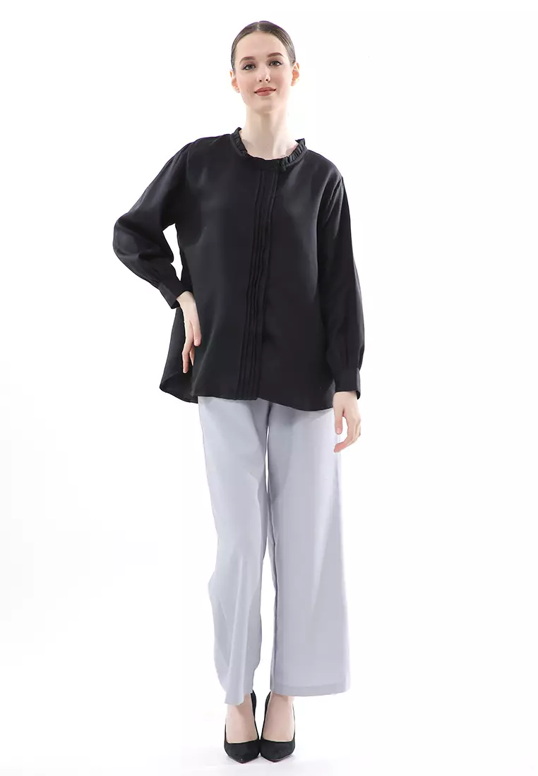 Vionka Kemeja Atasan Wanita Opnaisel Motif Polos - Black