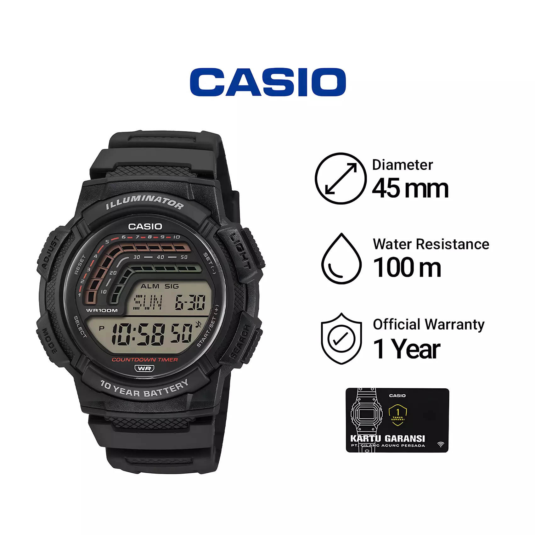 Casio Illuminator - Jam Tangan Digital Pria - Black Resin Case dan Band - WS-1800-1AV