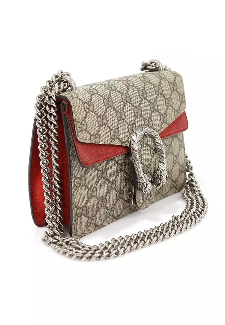 二手 GG Supreme 帆布紅色麂皮 Dionysus 迷你鏈單肩包
