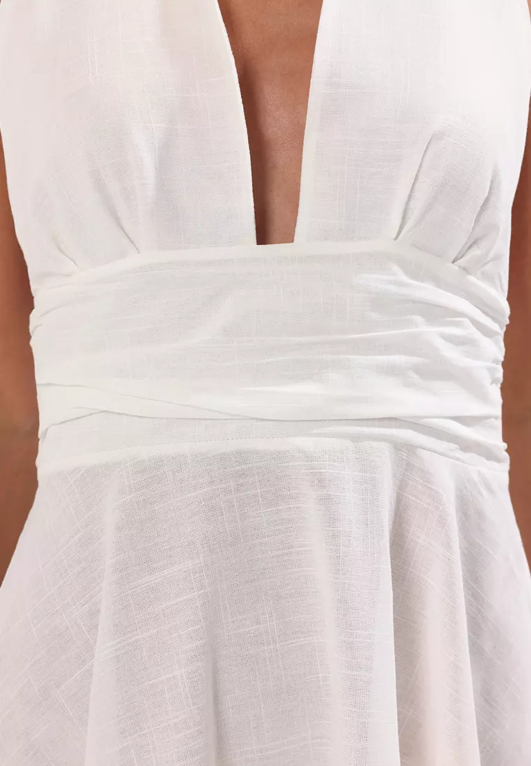 White Woven Midi Halter Neck 100% Cotton Beach Dress TBESS25EL00129