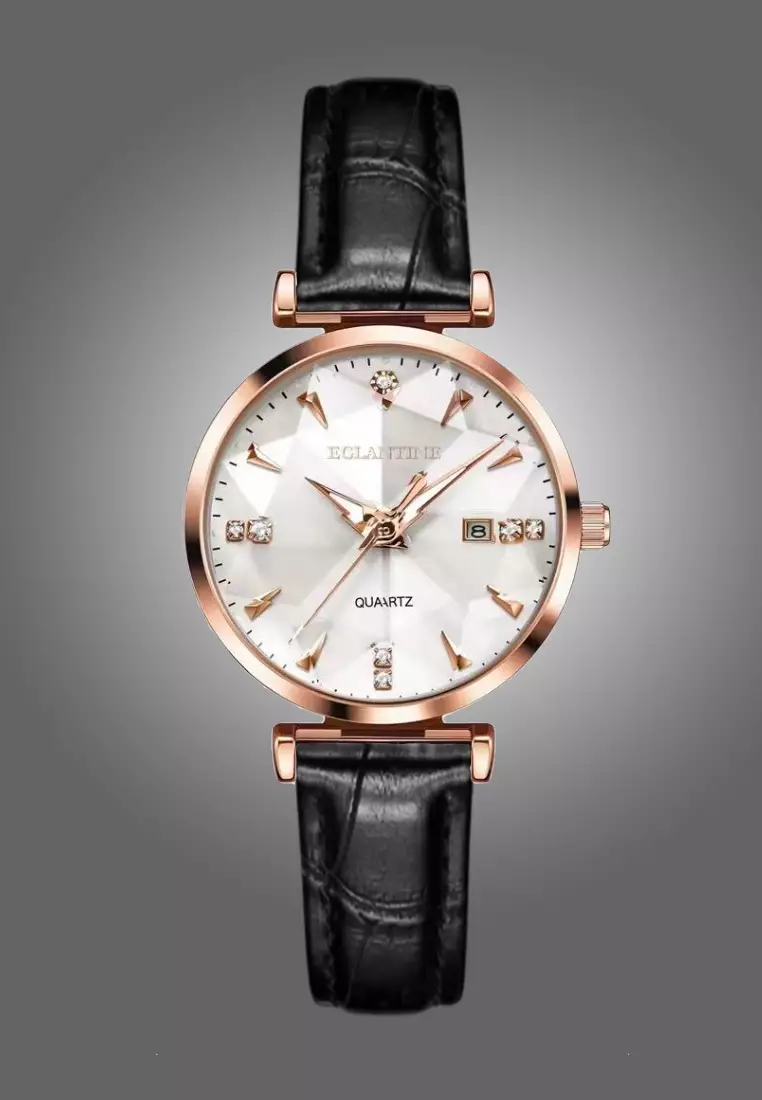 FACETTE IP Rose Gold Color Alloy Quartz Watch, Black Leather Strap