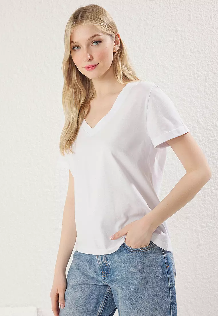 White V Neck Short Sleeve Regular/Basic Knitted T-Shirt