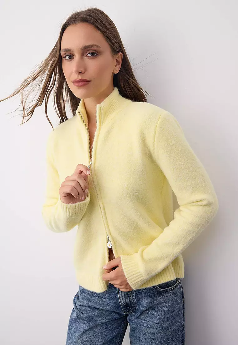 Wardrobe Essentials Yellow Wool Zippered Stand Collar Daisy Knit Cardigan | Twoaw26Hi00090