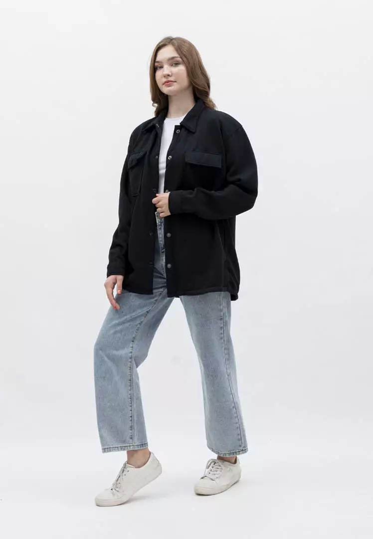 Houseofcuff Jaket Kemeja Casual Pria Wanita Unisex Soft Fleece Hitam