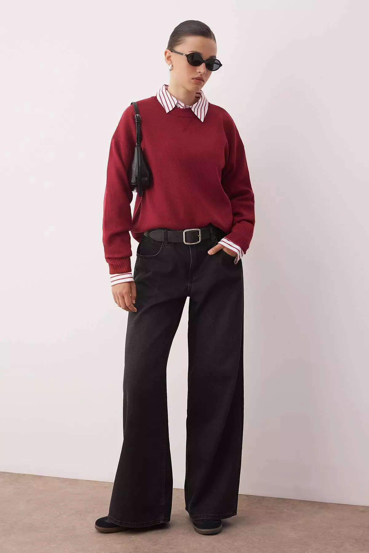 Dark Red Viscose Content Wide Pattern Basic Knit Sweater