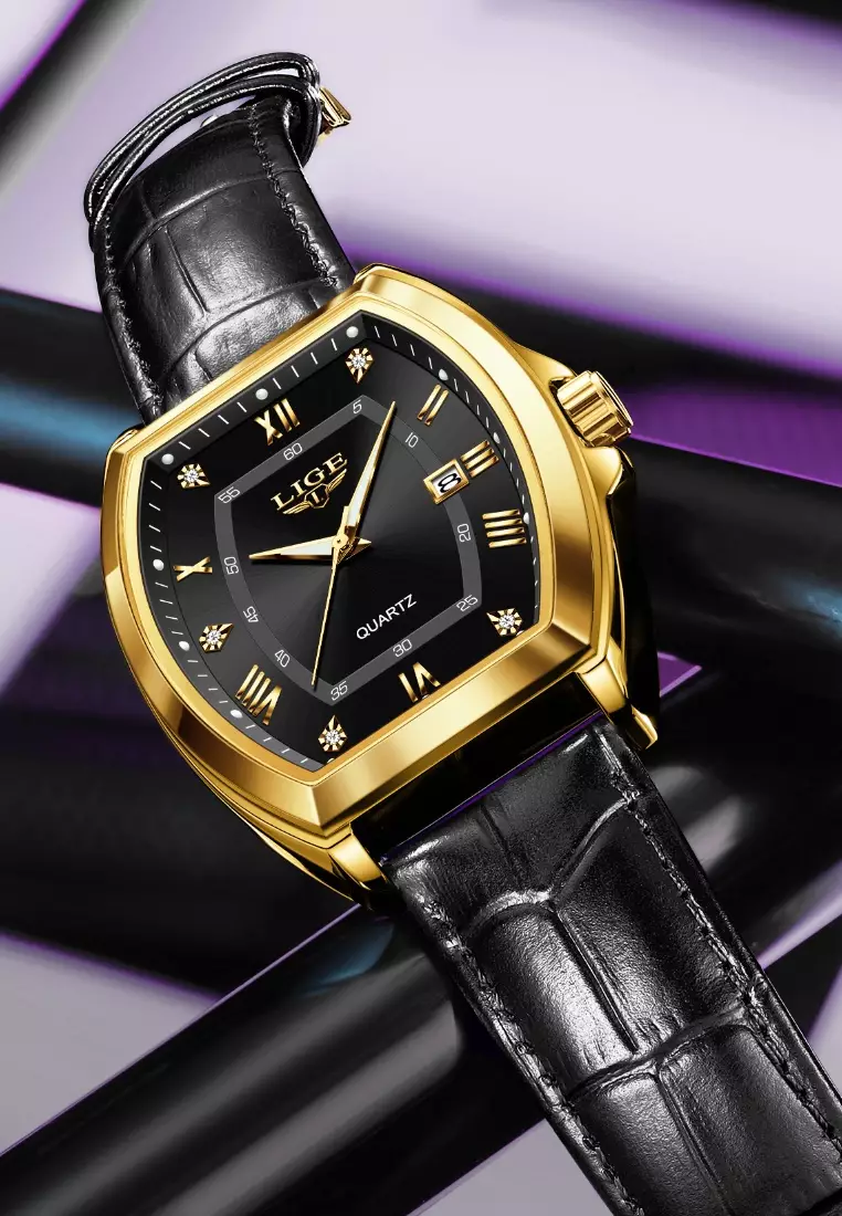 Elegant Barrel Shape Unisex IP Gold Color & Stainless Steel Quartz Watch, 40mm, Leather Strap