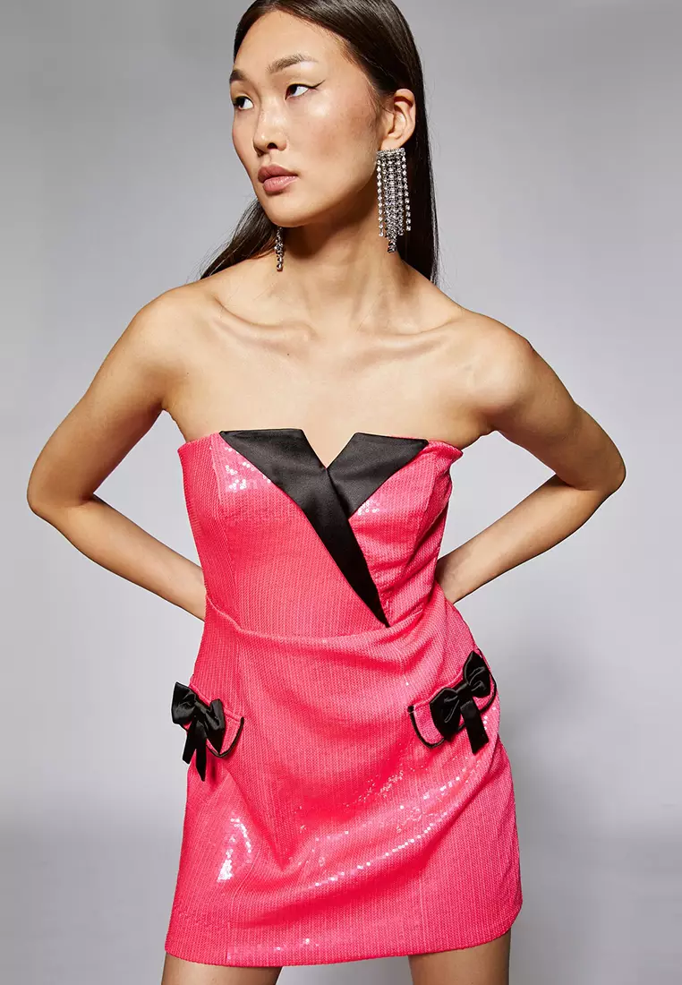 Rachel Araz x KOTON Sequin Bow Strapless Mini Dress