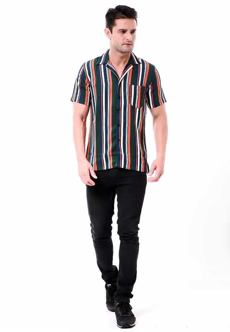 Leopold Atasan Pria Kemeja Motif Salur Lengan Pendek Material Cotton ORIGINAL - Green Orange