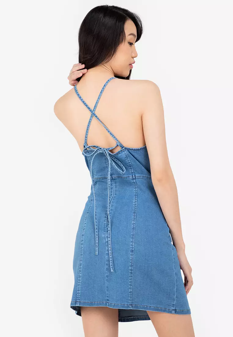 Buy ZALORA BASICS Halter Neck Denim Slip Dress 2023 Online
