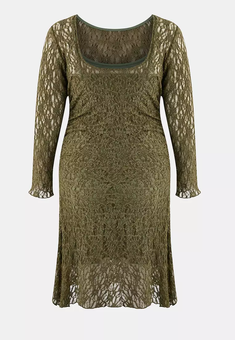 Khaki Lace Knitted Mini Plus Size Dress Tbbaw26Ah00042