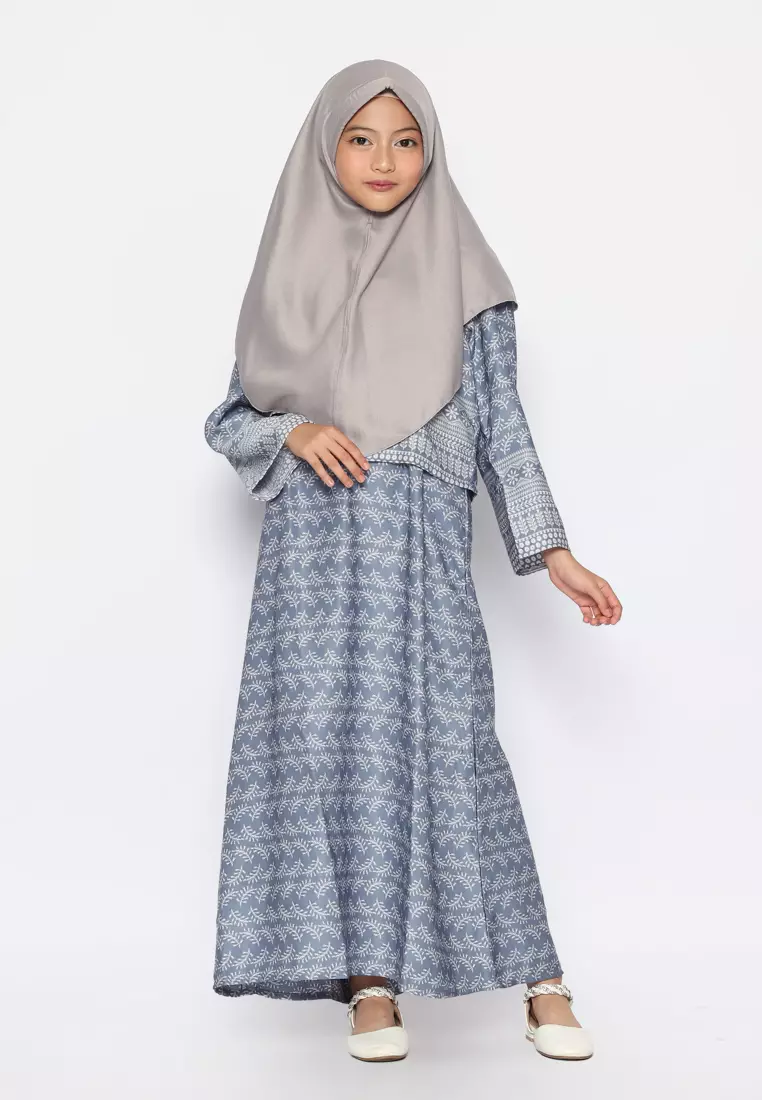 Baju Gamis Anak Perempuan Daun Kecil Navy With Model - BEAUTY