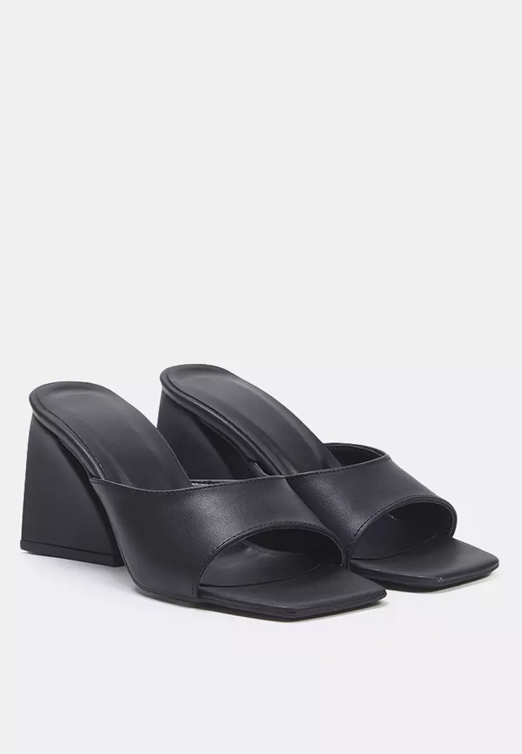 Black Asymmetric Block Heeled Thick Banded Square Toe Women's Heeled Slippers Takss25To00009