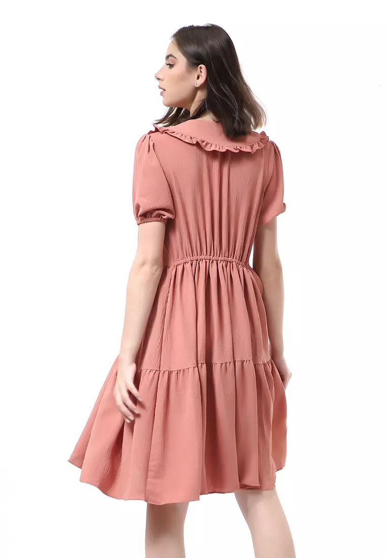 Rachel Dress Rample Wanita Collar Vintage Button Layer Trap Lengan Pendek Material Cey Flow ORIGINAL - Thai Tea