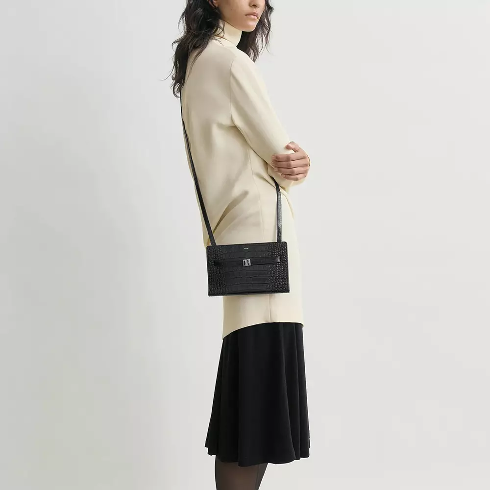 Belted Croco-Embossed Crossbody Black