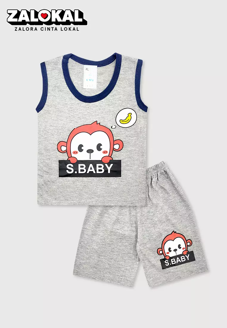 Wakakids Setelan Bayi Laki Laki Usia 12 Bulan Hingga 18 Bulan Set Baju Singlet Anak Celana Kaos Motif Baby Monkey 3407 Abu