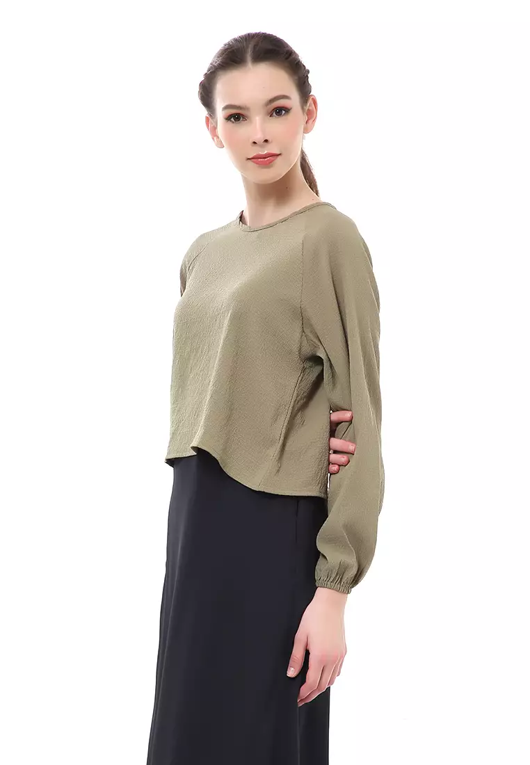 Albertine Blouse Atasan Wanita Lengan Panjang Desain Balon Material Crinkle ORIGINAL - Green