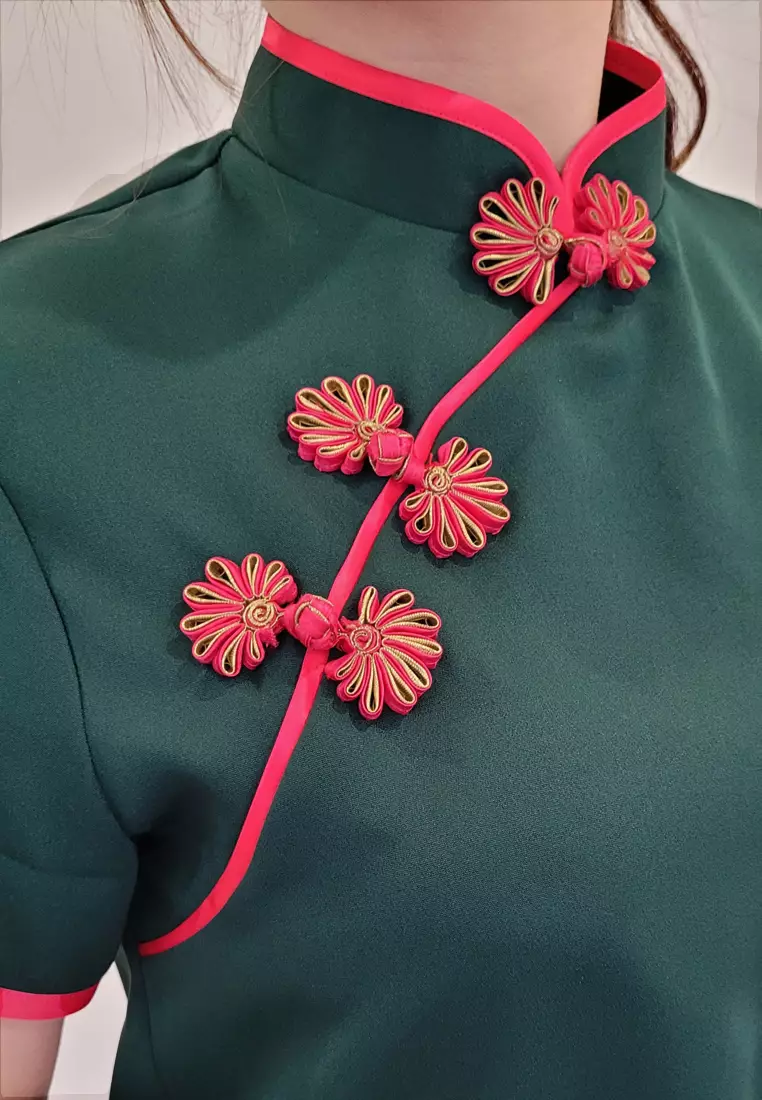 Ivory Cheongsam Cap Sleeves Top Emerald Green