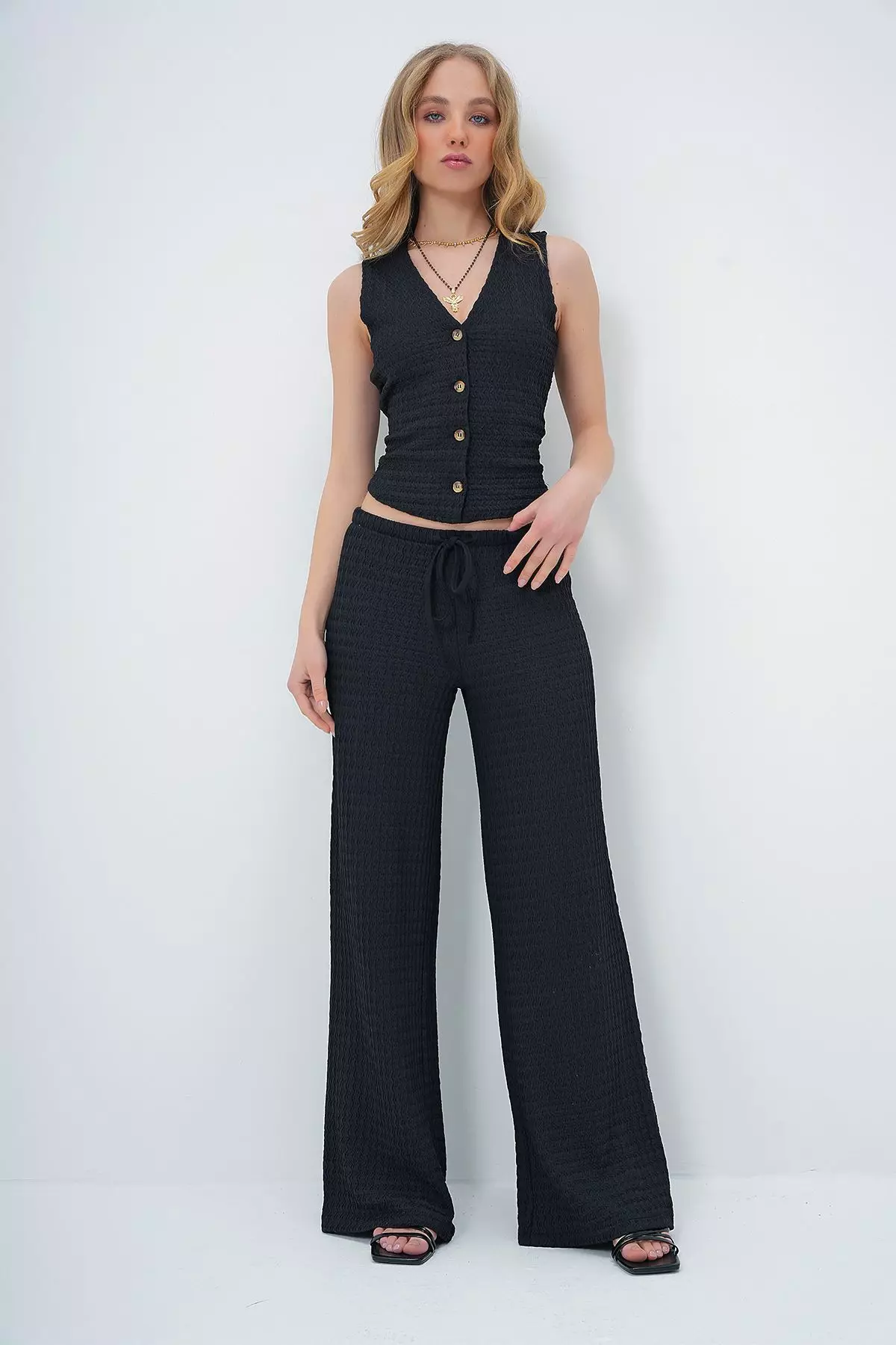 Women's Black V-Neck Buttoned Vest and Trouser Set