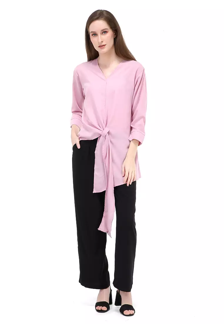 Alena Blouse Long Sleeves Wanita Motif Polos Atasan Wanita Casual - Pink