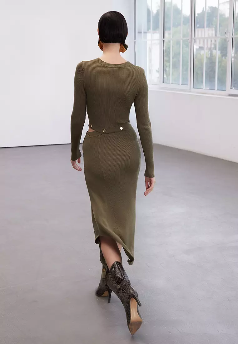 Limited Edition Khaki Mercerized Look Midi Knitted Snap Detail Dress TWOAW25EL00363
