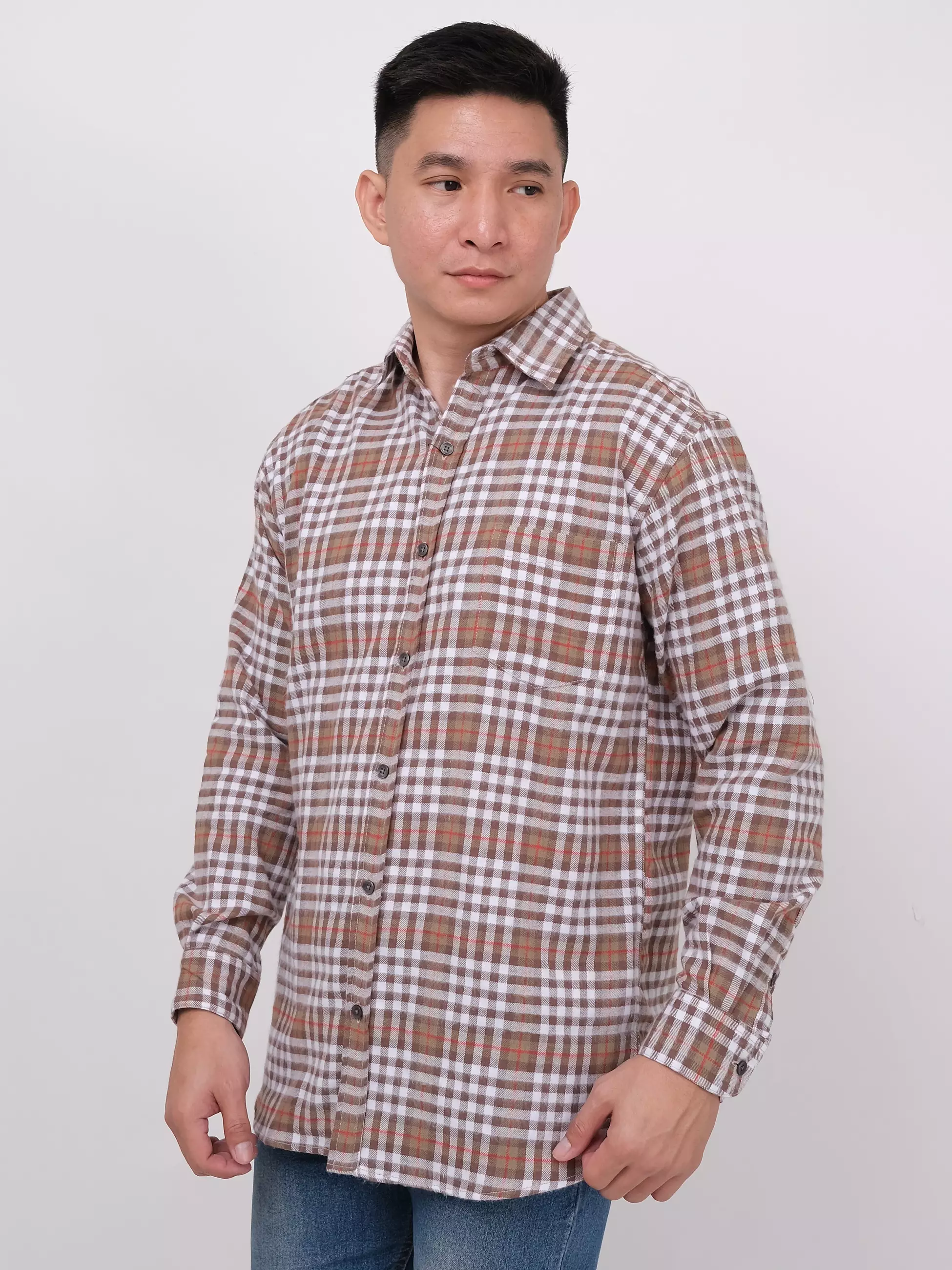 Kemeja Flannel Lengan Panjang Cokelat Muda Kotak-Kotak 16842