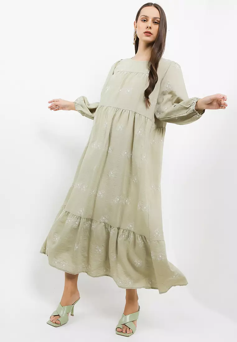 L/S Emb Tier Long Dress