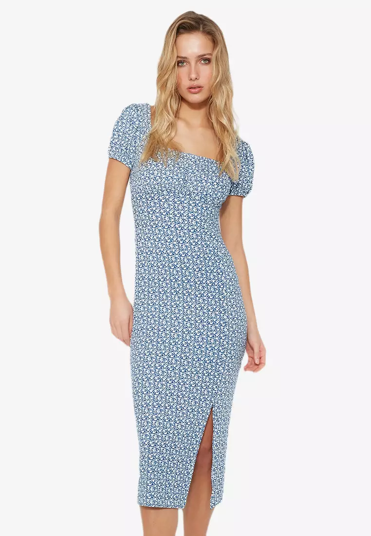 Missguided satin dress with twist top front in blue polka dot