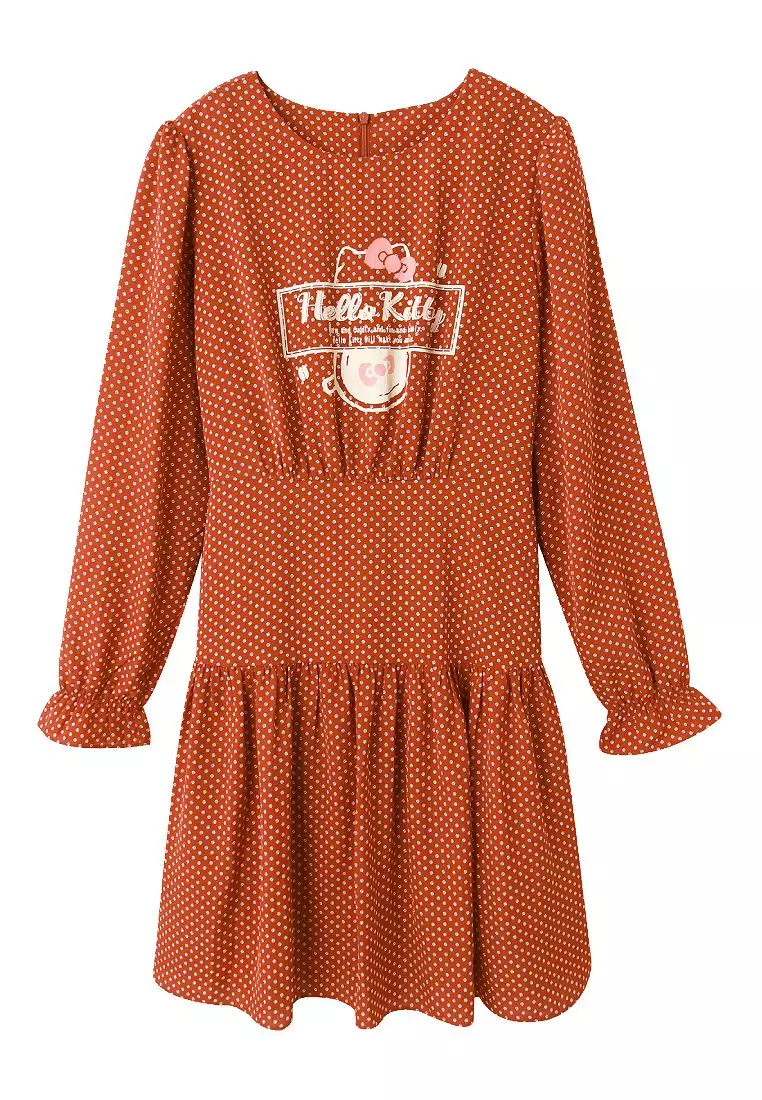 KITTY拿鐵咖啡系列．咖啡豆圓點印花後綁帶雪紡洋裝《KB1404》