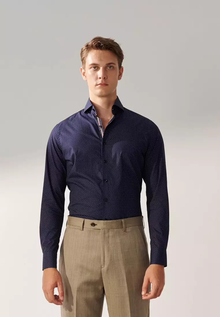 Navy Blue White Dot Print Slim Fit Shirt