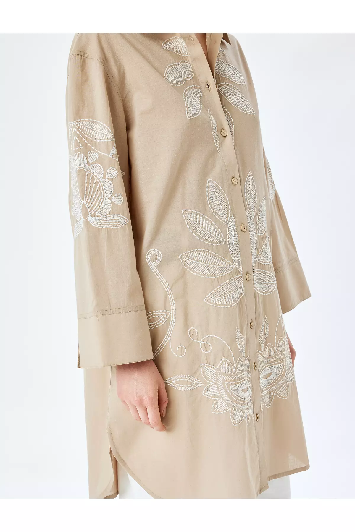 Cotton Floral Embroidered Detailed Shirt Collar Long Oversize Tunic