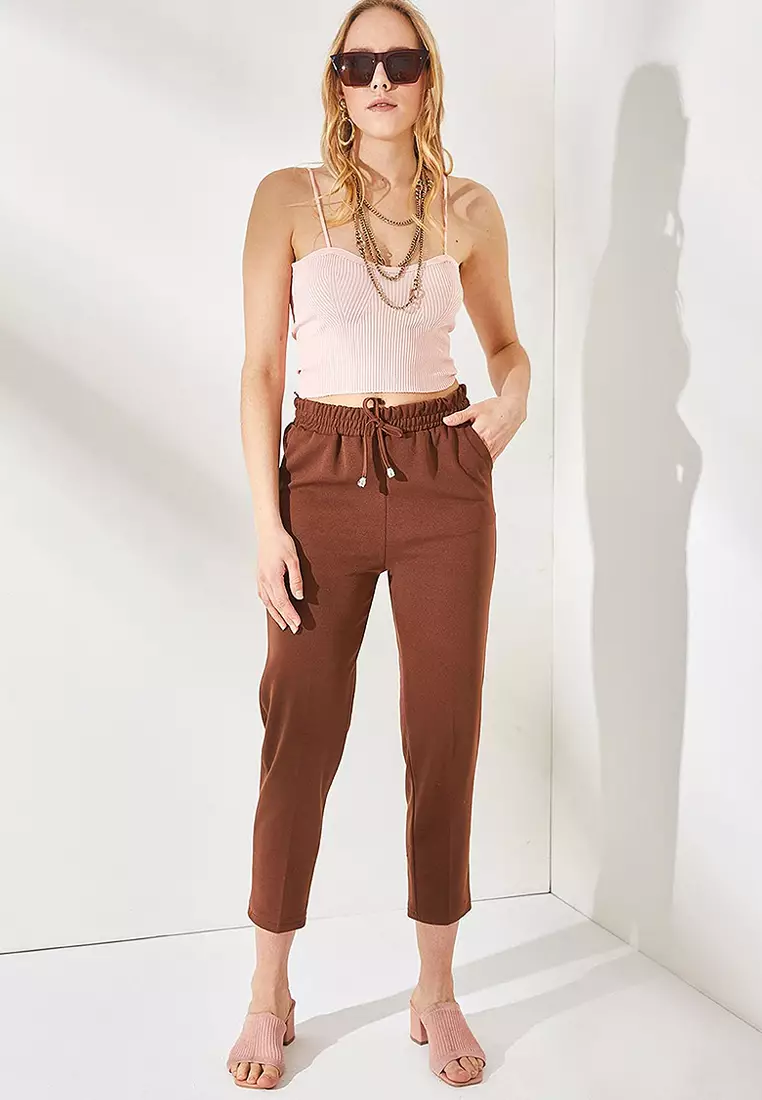 Elastic Waist Carrot Pants with Pockets