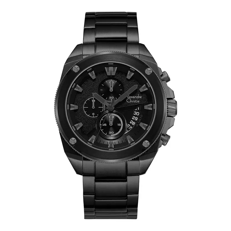 Jam Tangan Pria Alexandre Christie Chronograph AC 6646 MC BEPBA Men Black Dial Black Stainless Steel Strap