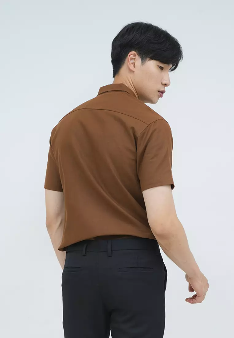 Kemeja lengan pendek pria formal slim fit brown houseofcuff