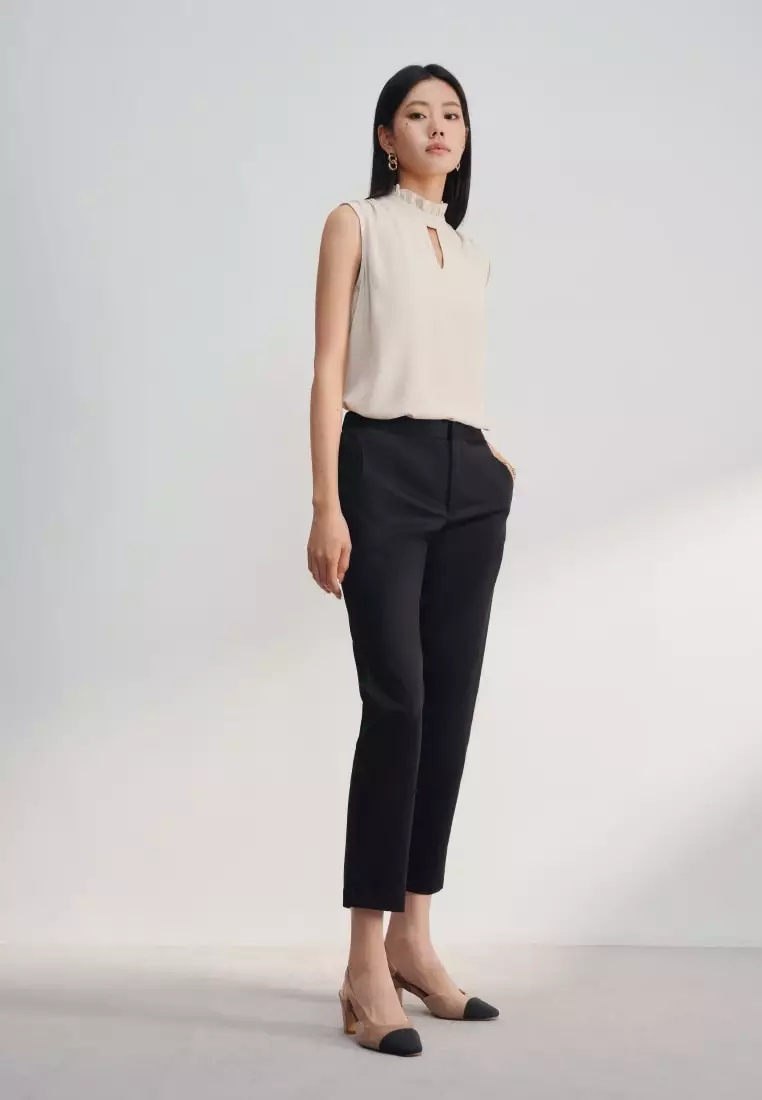 Cotton Blend Spandex Satin Cropped Cigarette Pants With Elastic Waistband