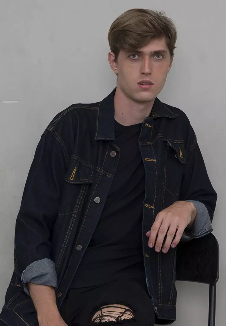 Jaket Jeans Pria Polos Tebal Dilan Jaket Denim Biru Gelap