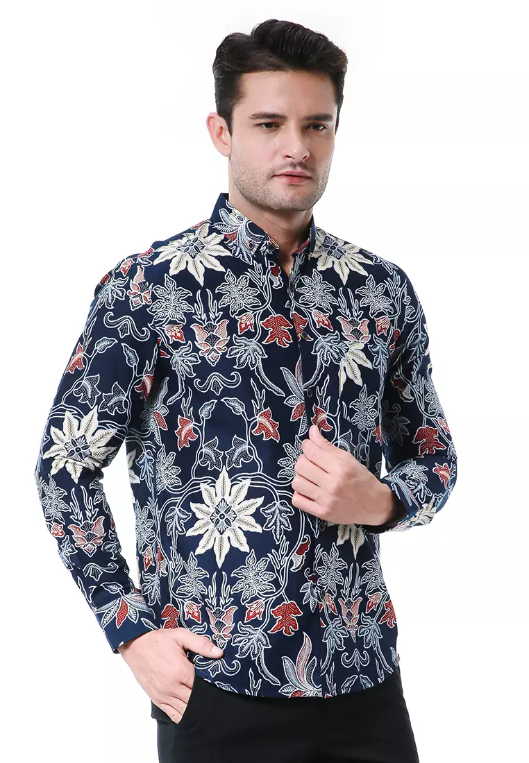 Blade Kemeja Formal Pria Batik Lengan Panjang Motif Bunga Material Cotton ORIGINAL - Blue