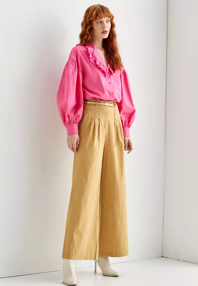Drop Shoulder Seam Oversize Pink Top With Lace Collar
