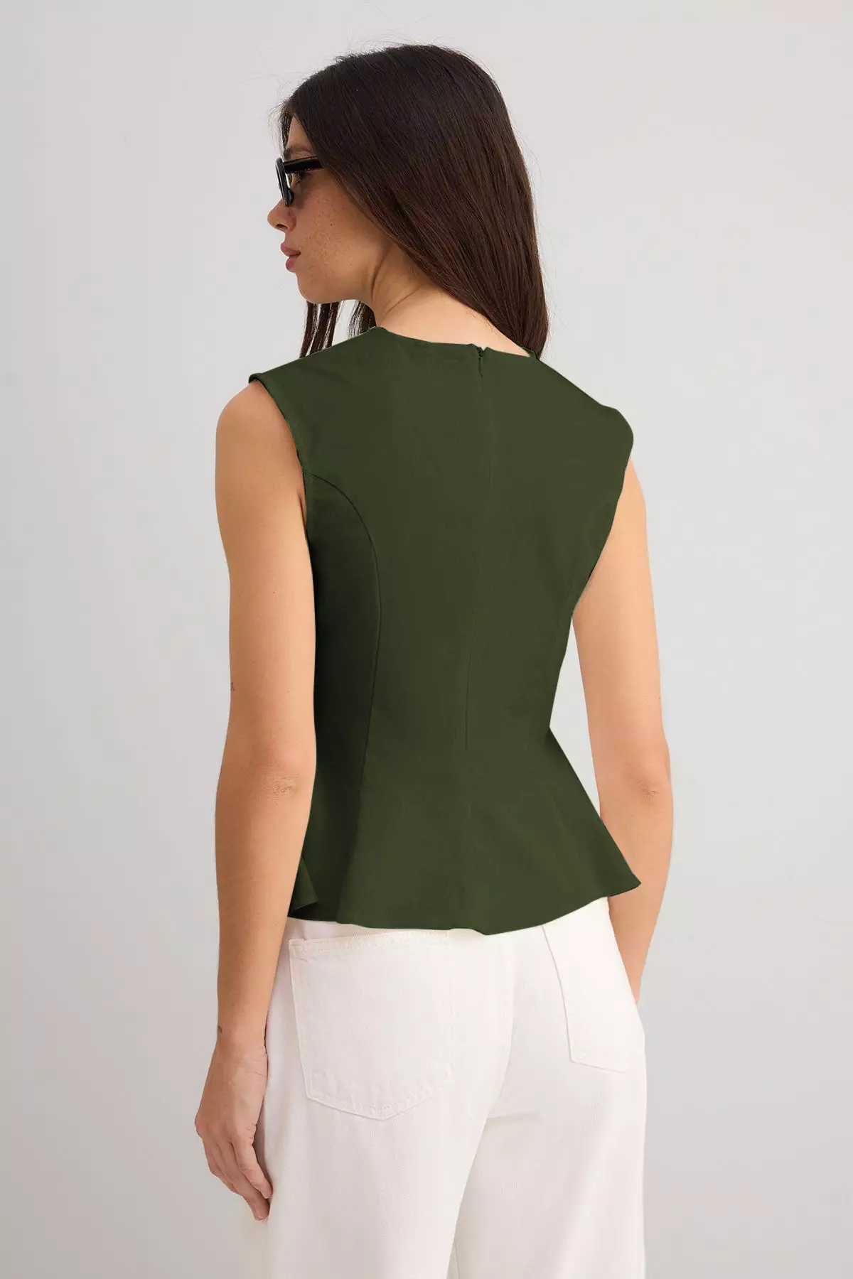Khaki Cotton Gabardine Peplum Pocket Detail Woven Blouse Twoss25Bz538