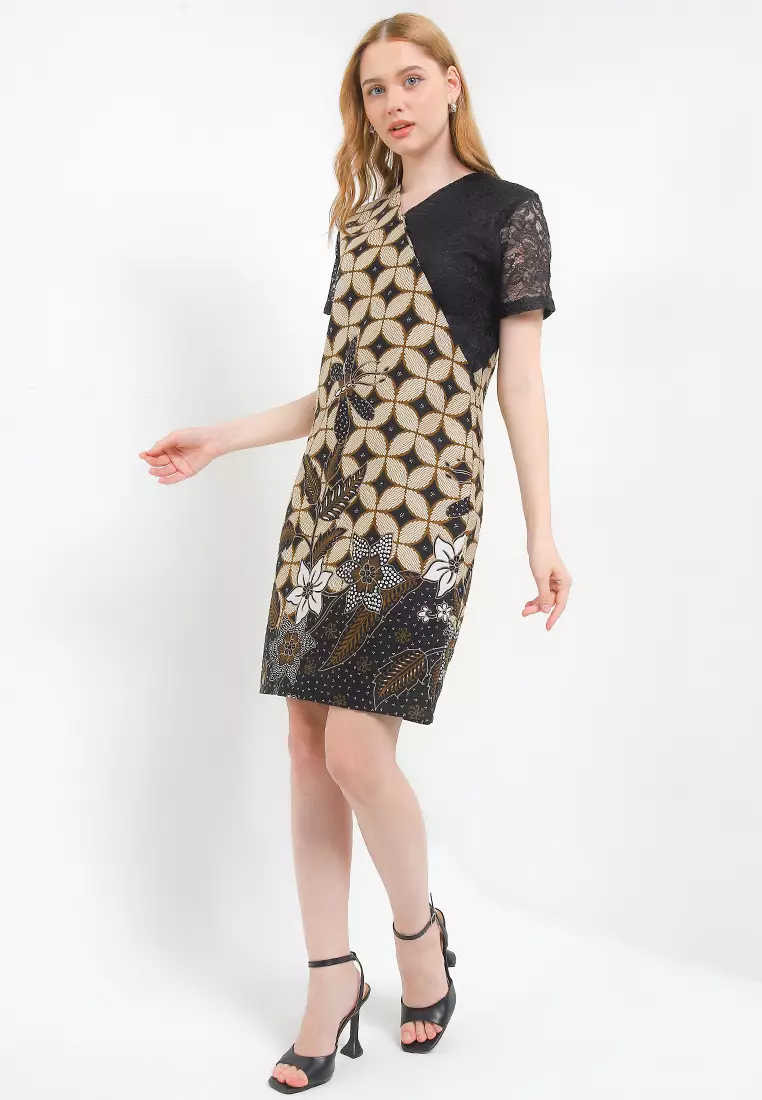 Dress Batik Wanita Furing Lining Kaviola Brukat Black Lengan Pendek