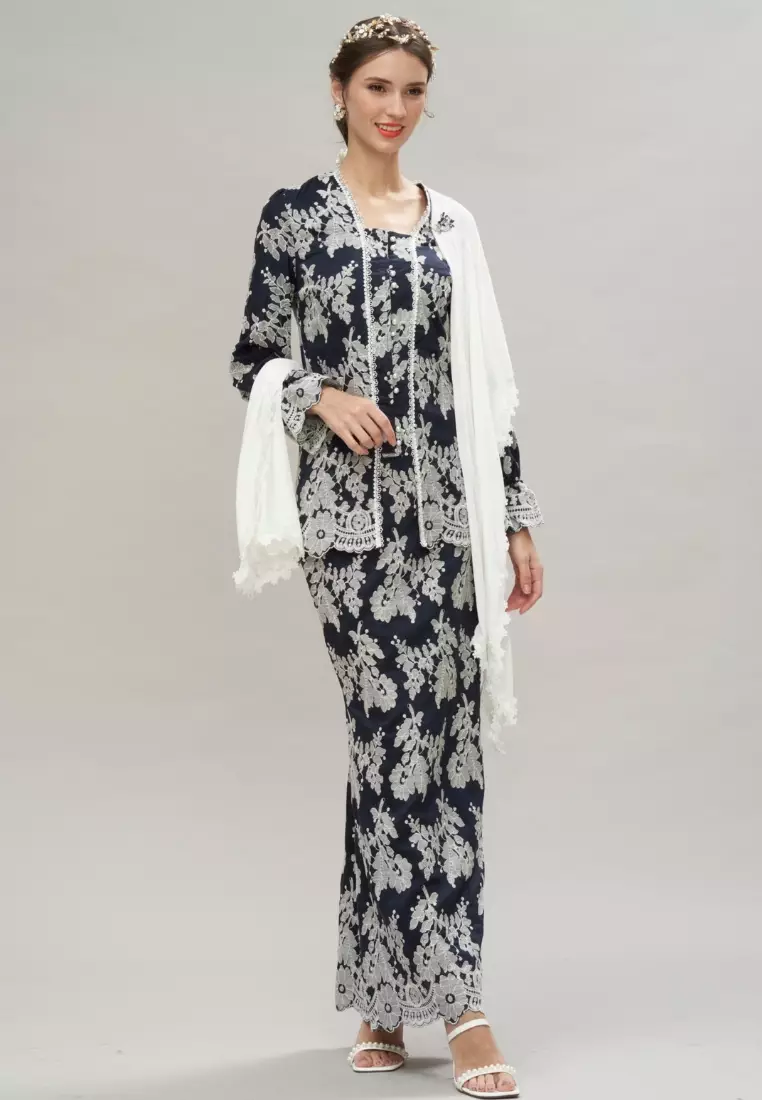 Navy Blue Silk Embroidery Puff Sleeve Kebaya Top & Maxi Skirt Hari Raya