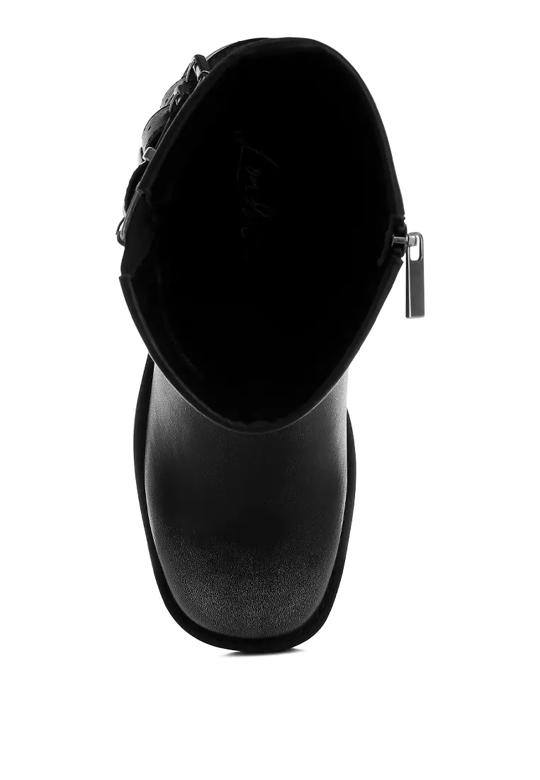 Harness Detail Biker Boots in Black