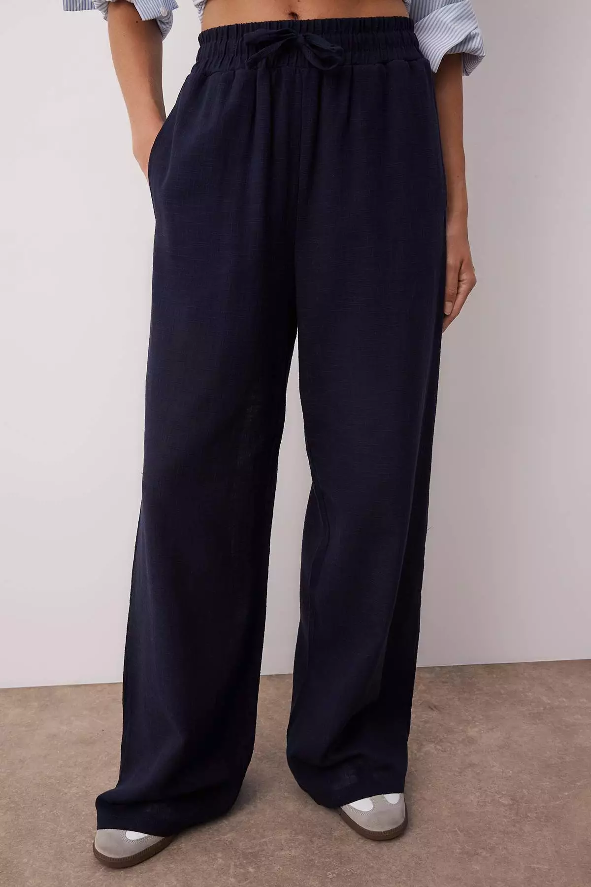 Navy Blue Linen Look Wide Leg Shorts Lined Elastic Waist Pants