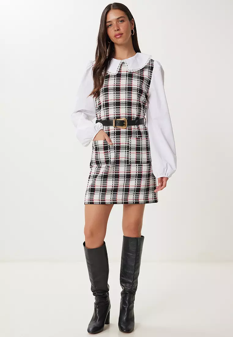 Women's Black Bone Belt Mini Tweed Dress Rg00078