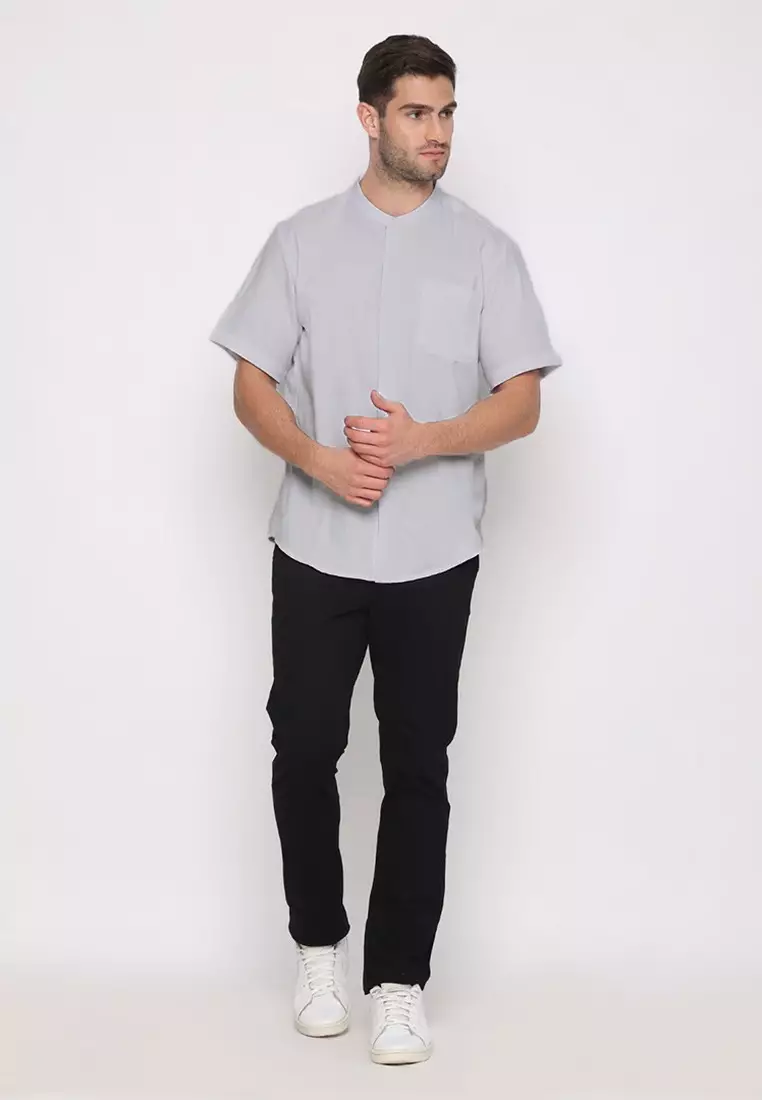 POLICE Kemeja Koko Polos Cotton Soft Grey Regular Fit Lengan Pendek Pria