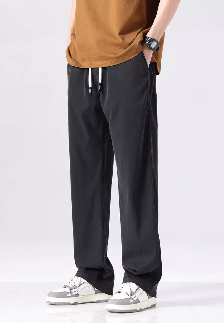 Buy OPCHIC Men's Casual Ice Silk Drawstring Loose Straight Pants Online