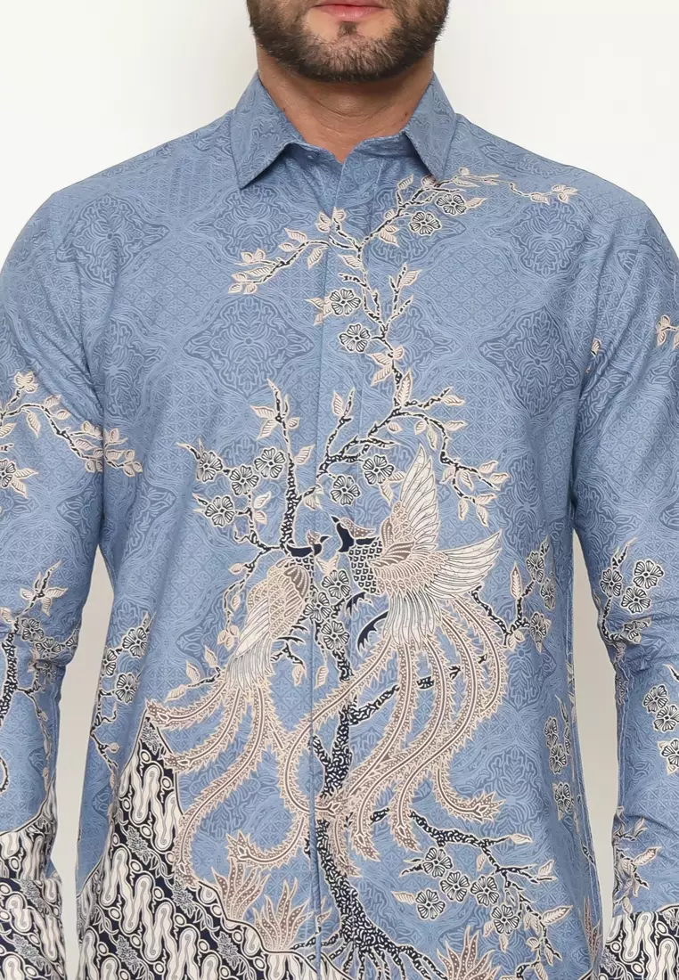 MAGINOT ASANA BLUE Batik Pria Slim Fit Lengan Panjang