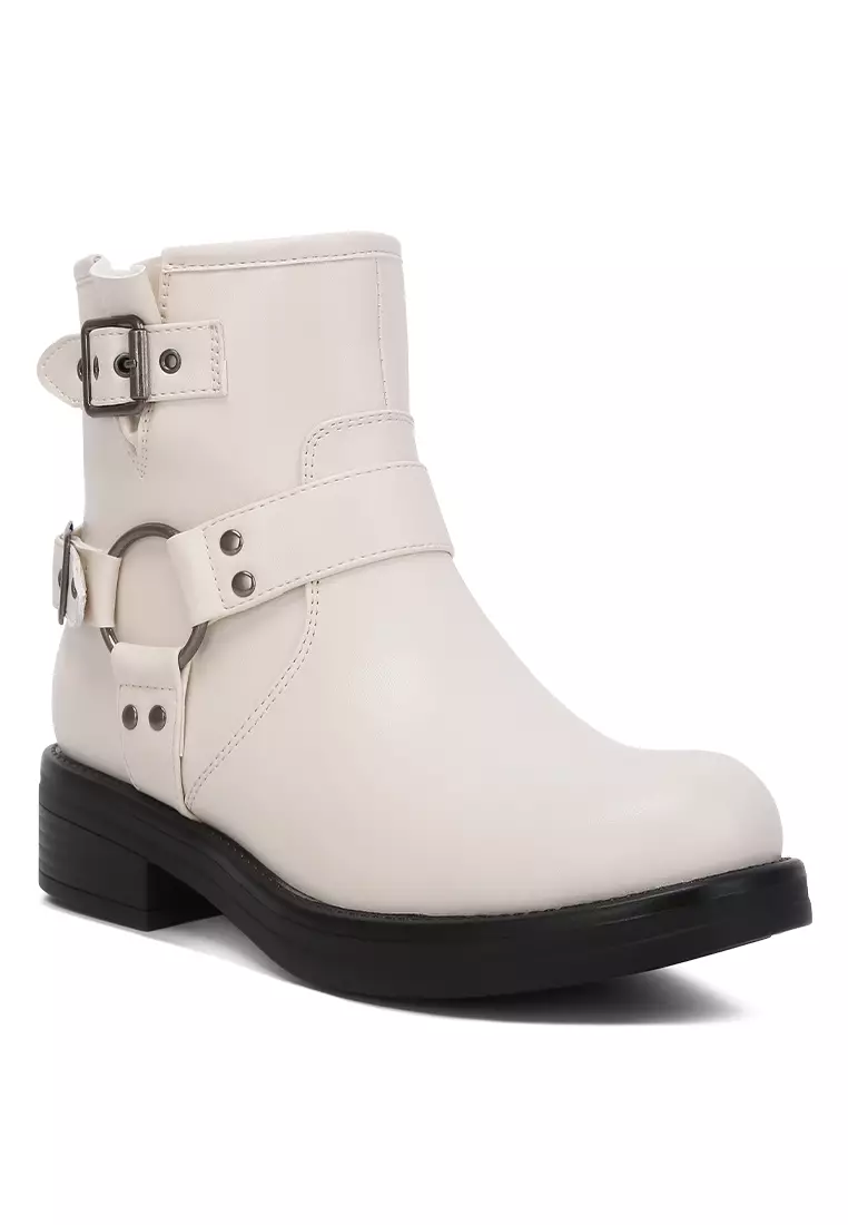White discount buckle boots