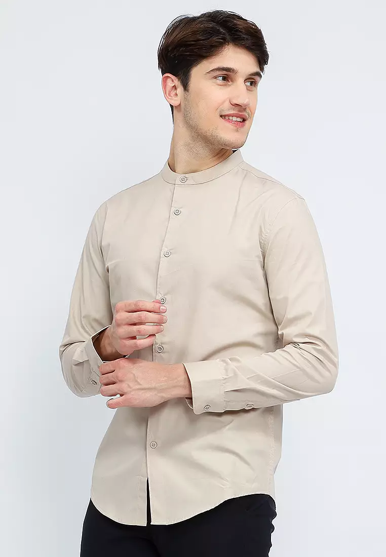 Kemeja tangan panjang Collarless koko cotton oxcon Khakis