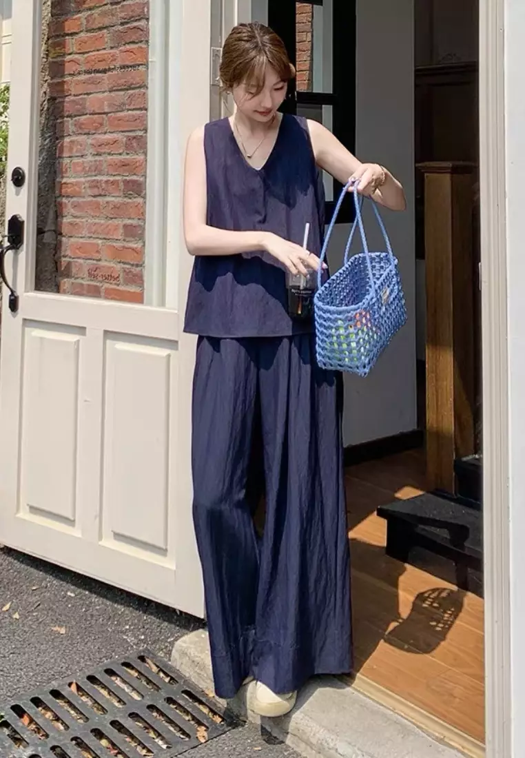 Navy blue sleeveless top and wide-leg pants set CA26041051BL